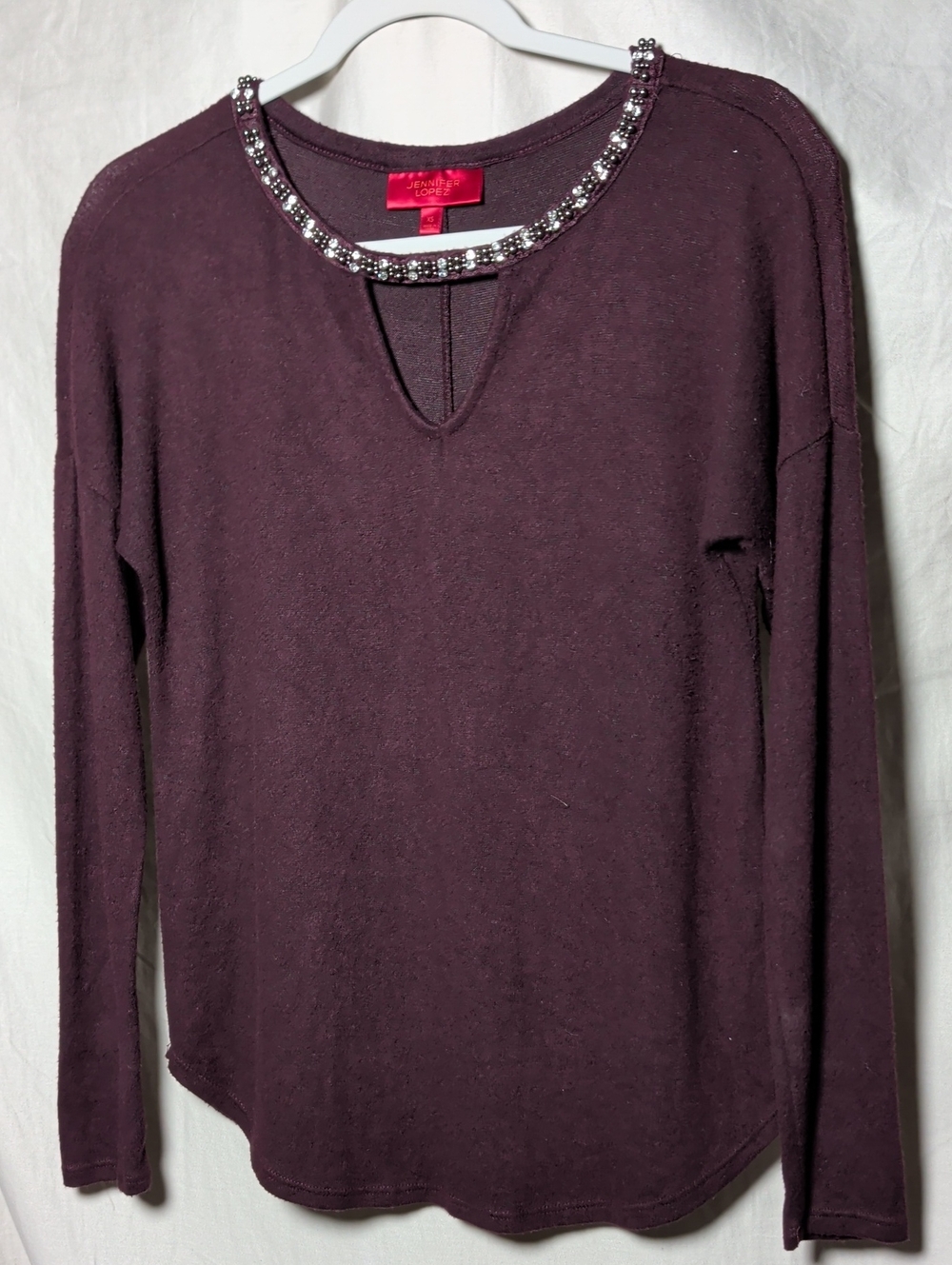 Jennifer Lopez Plum Long-Sleeve Top with Jeweled Crewneck Minimalist